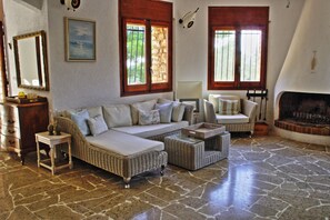 Televisión, chimenea, reproductor de DVD y libros