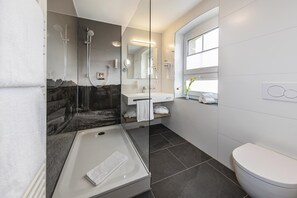 Shower, hair dryer, bathrobes, towels