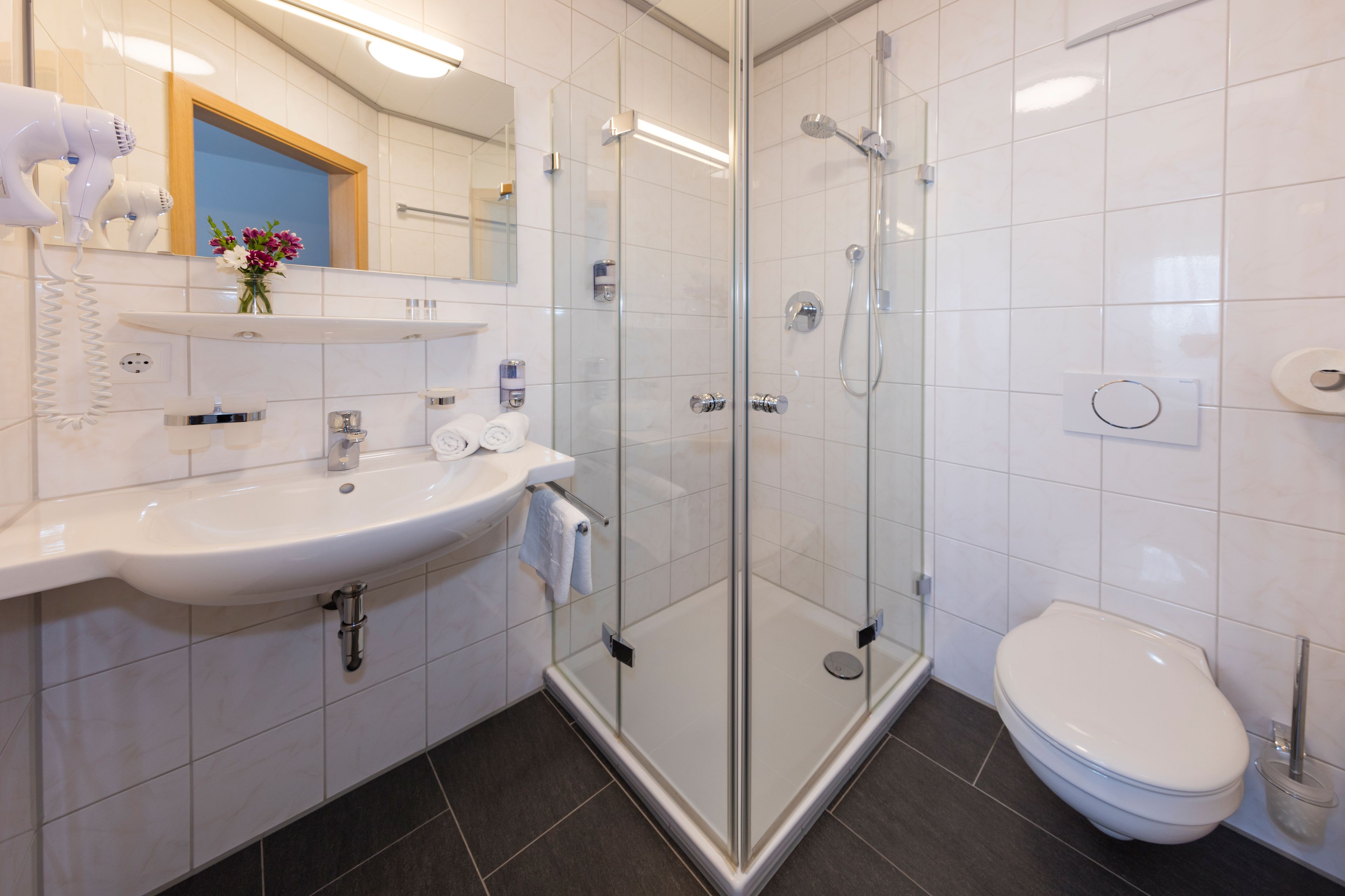 A modern bathroom with a glass-enclosed shower, a white sink, and a toilet.