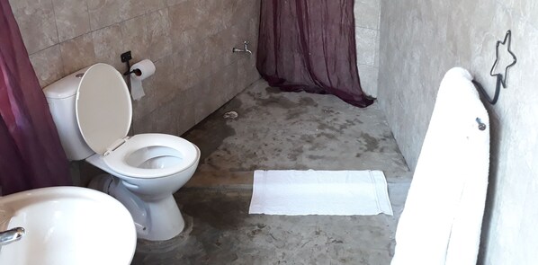 A bathroom with a toilet, sink, and shower curtain.