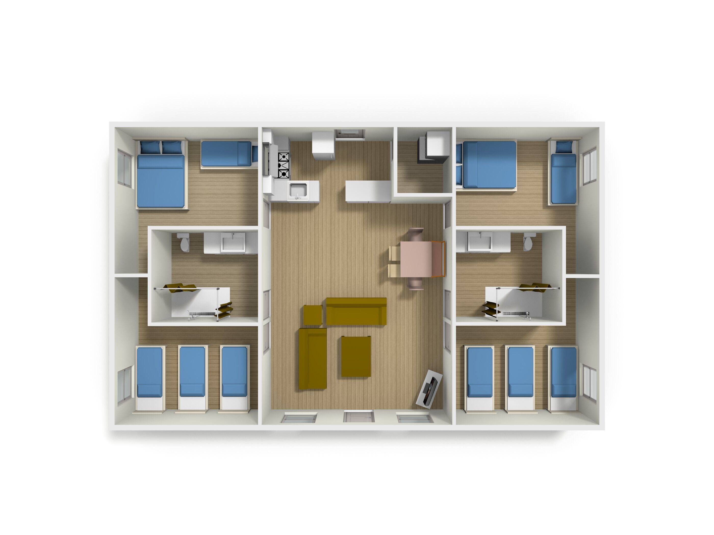 Plano de un hotel que muestra una habitación con dos dormitorios, sala de estar, baño y kitchenette.
