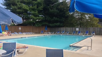 A swimming pool with blue lounge chairs and umbrellas, surrounded by a wooden fence and trees.