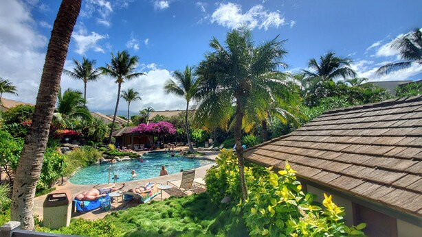 A pool area with lounge chairs, palm trees, and a clear blue sky. - Maui Kamaole #L-105 Beautiful Ocean View, Great Location, Great Rates, A/C (Kihei)