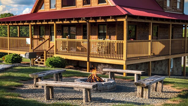 A wooden cabin with a red roof, a covered deck, and a fire pit. - Big Sky, Breathtaking Mtn View, Free Attraction Tickets, Pool Table, Hot Tub!!! (Sevierville)