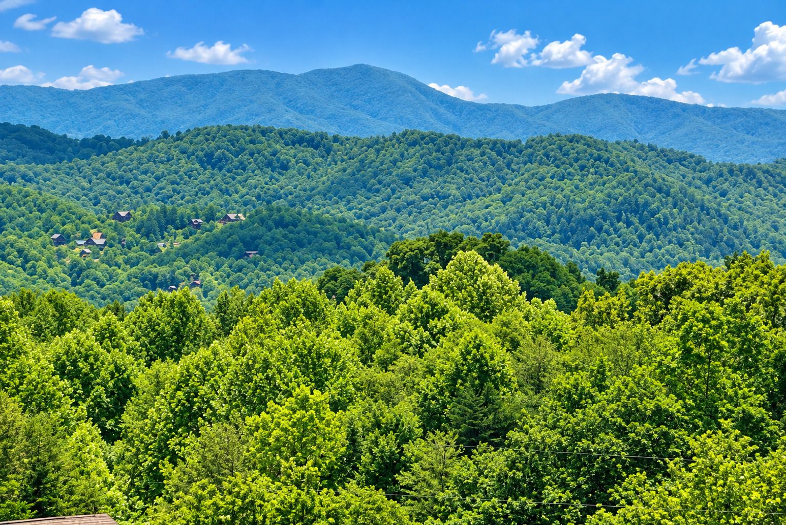Un paysage montagneux, avec une forêt dense et des maisons éparpillées.