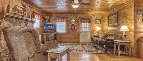 Een open haard en een dvd-speler