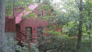 A log cabin with a red roof, surrounded by dense forest.