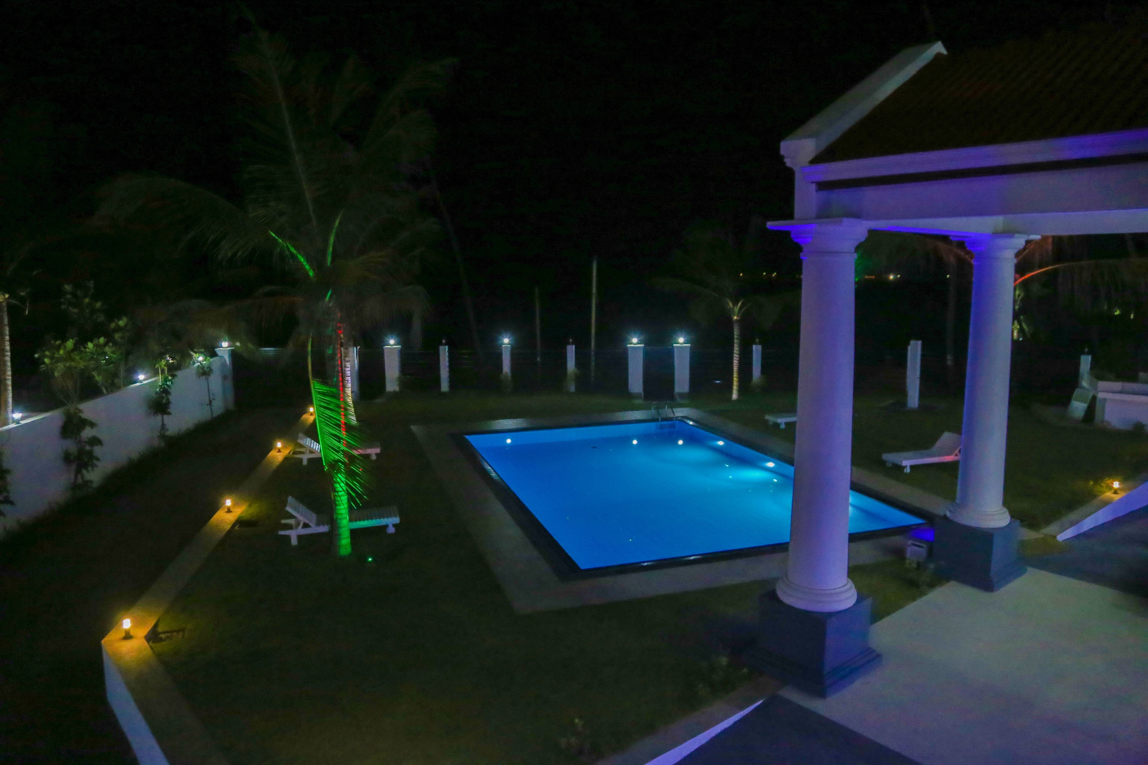 Vista nocturna de un área de piscina con pérgola y palmeras.