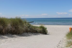 A sandy beach with grass and a wooden post.