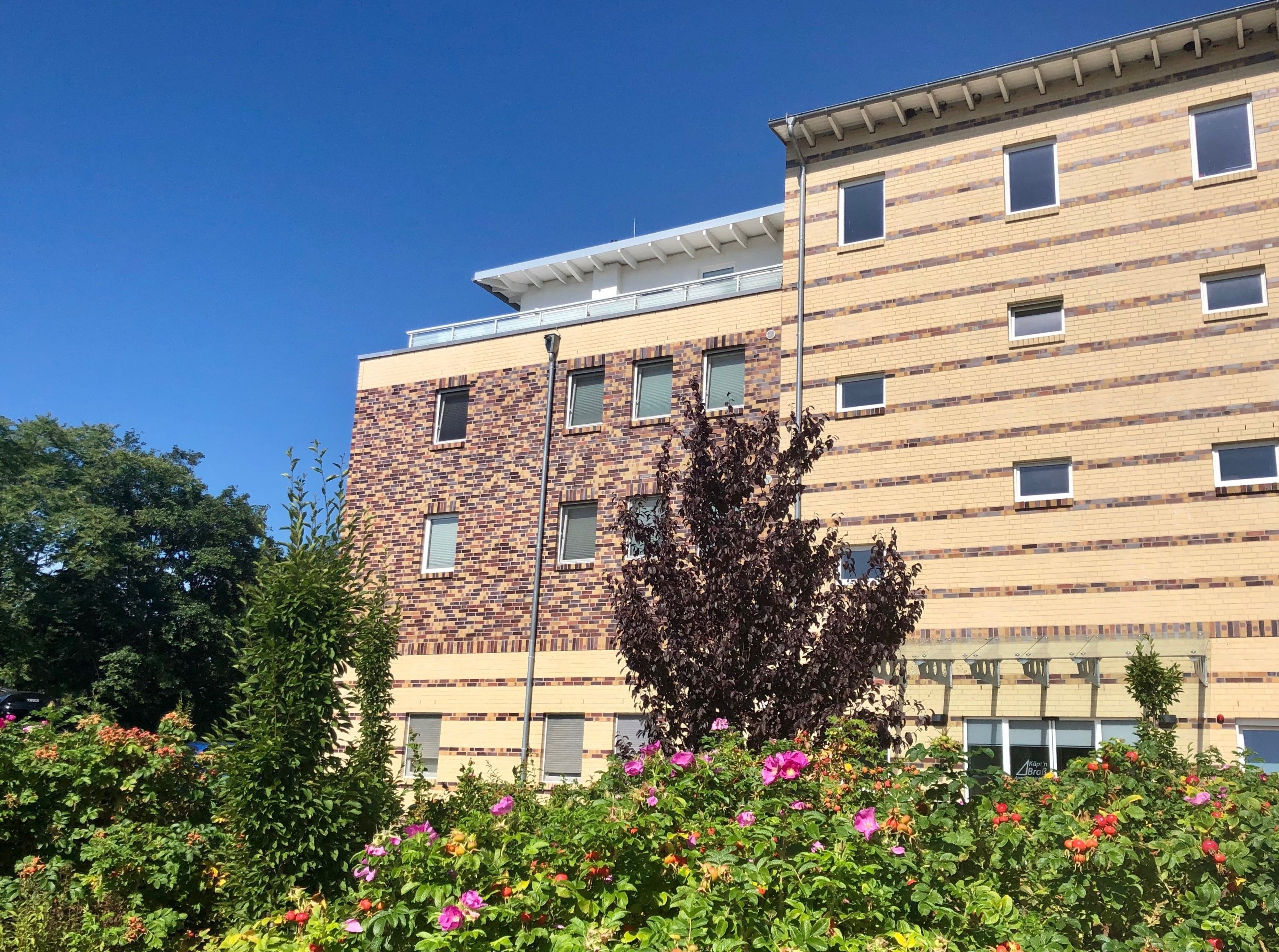 A multi-story building with a brick facade and multiple windows.