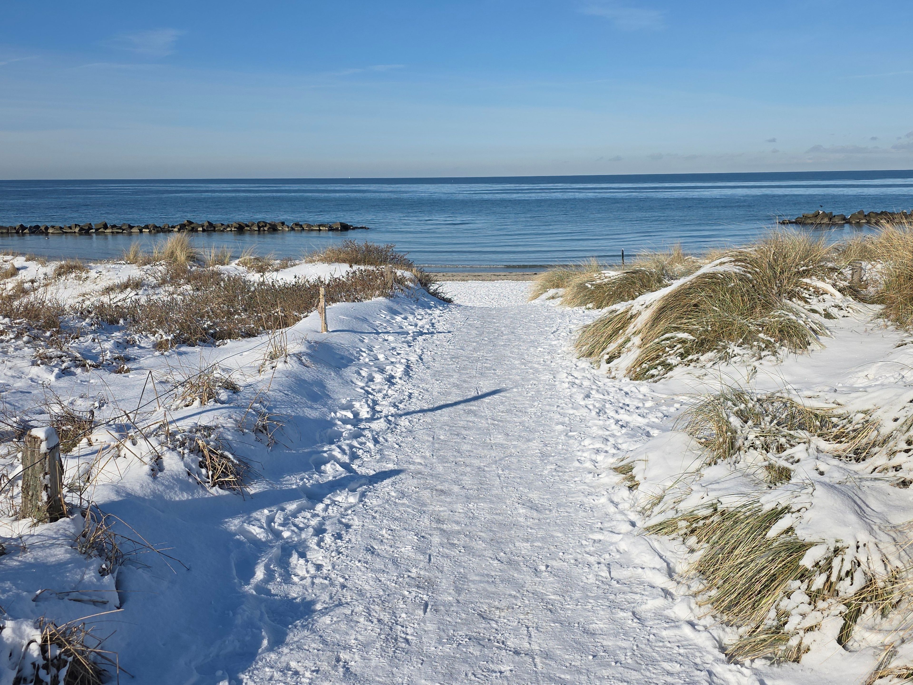 A snow-covered path leading to a body of water with a clear sky.