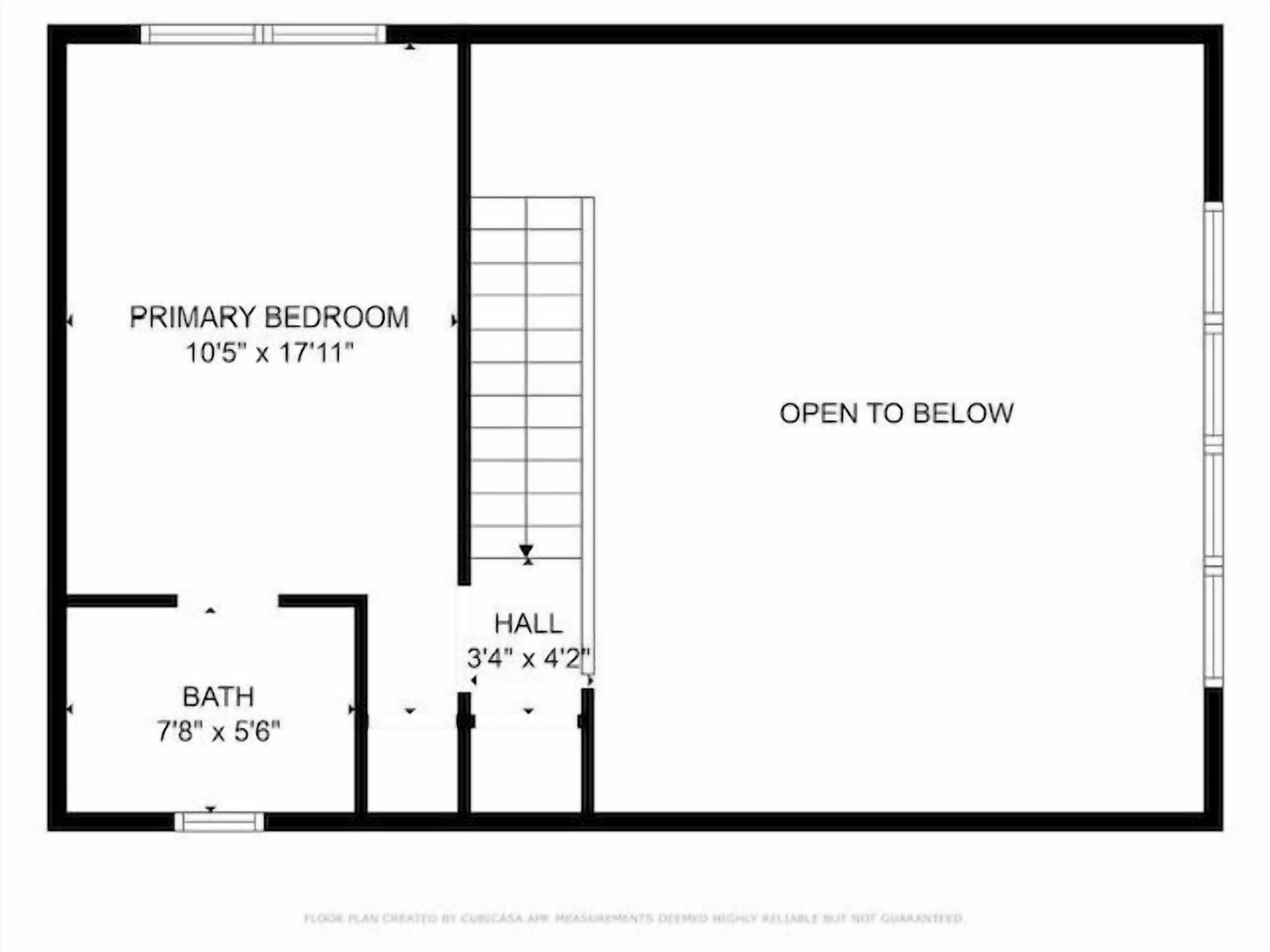 A floor plan of a hotel room with a primary bedroom measuring 10'5" x 17'11", a bath of 7'8" x 5'6", and a hall measuring 3'4" x 4'2".