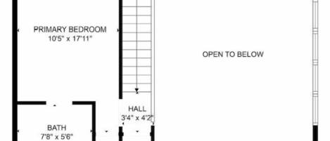 A floor plan of a hotel room with a primary bedroom measuring 10'5" x 17'11", a bath of 7'8" x 5'6", and a hall measuring 3'4" x 4'2".