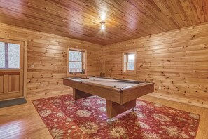 A pool table in a room with wooden walls and a red carpet. - Cub Crossing, Free Attraction Tickets, Hot Tub, Pool Table, WIFI!!! (Sevierville)