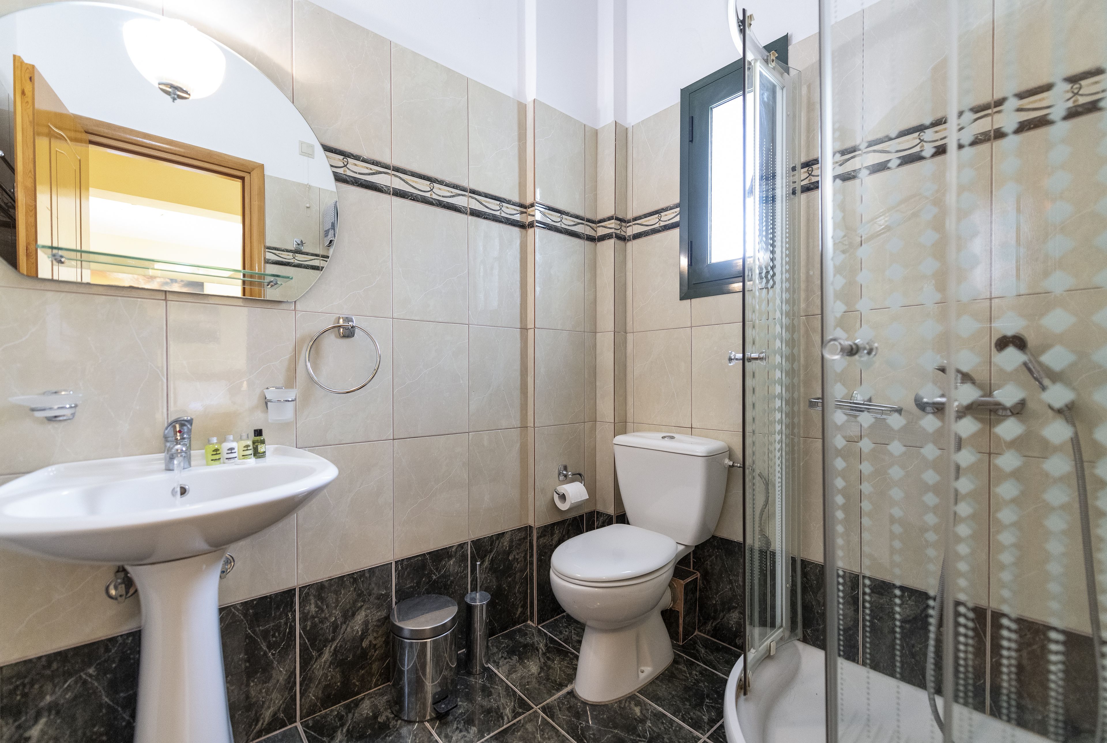 Une salle de bain avec un lavabo, des toilettes et une douche.