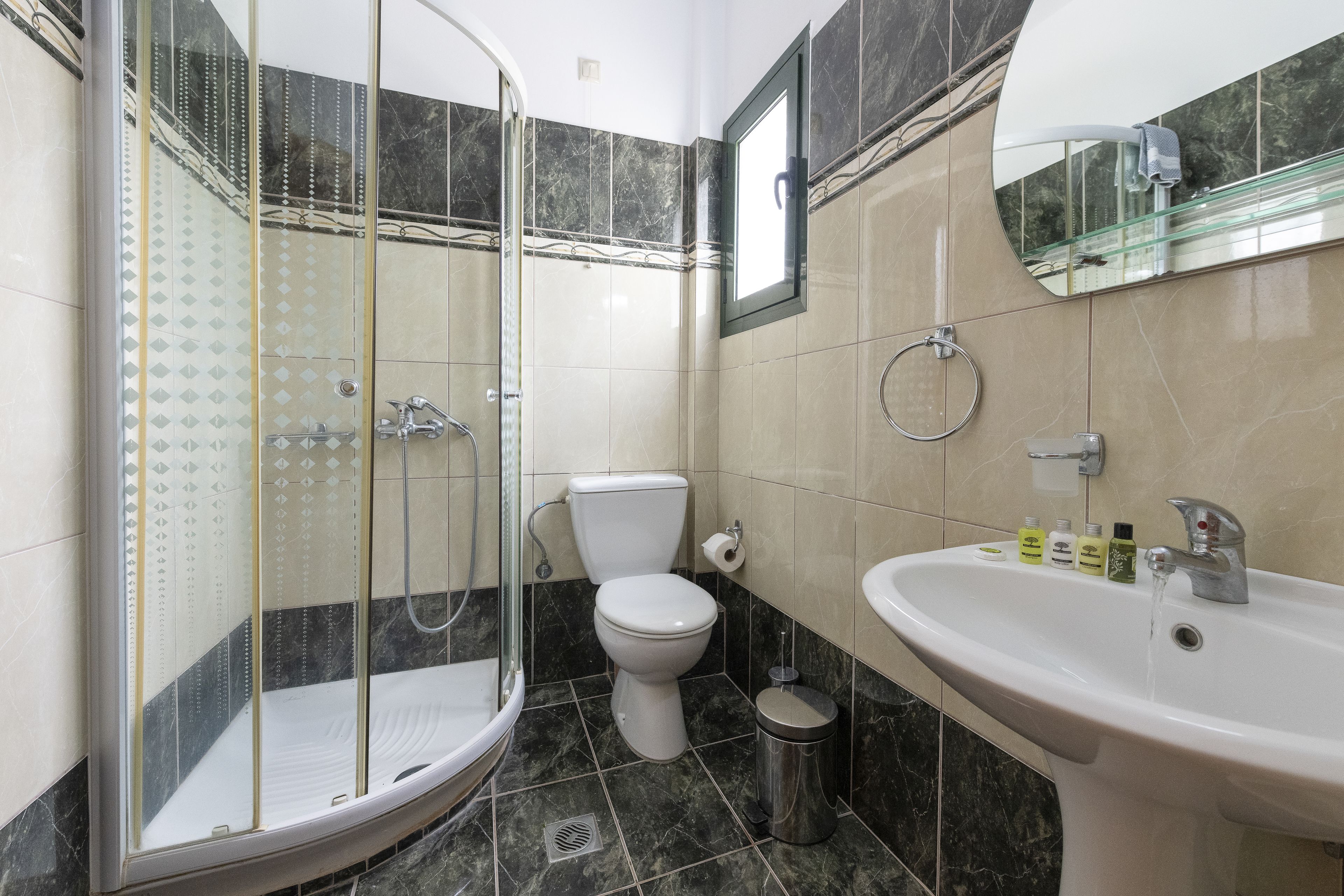 A modern bathroom with a glass-enclosed shower, a toilet, and a sink with toiletries.