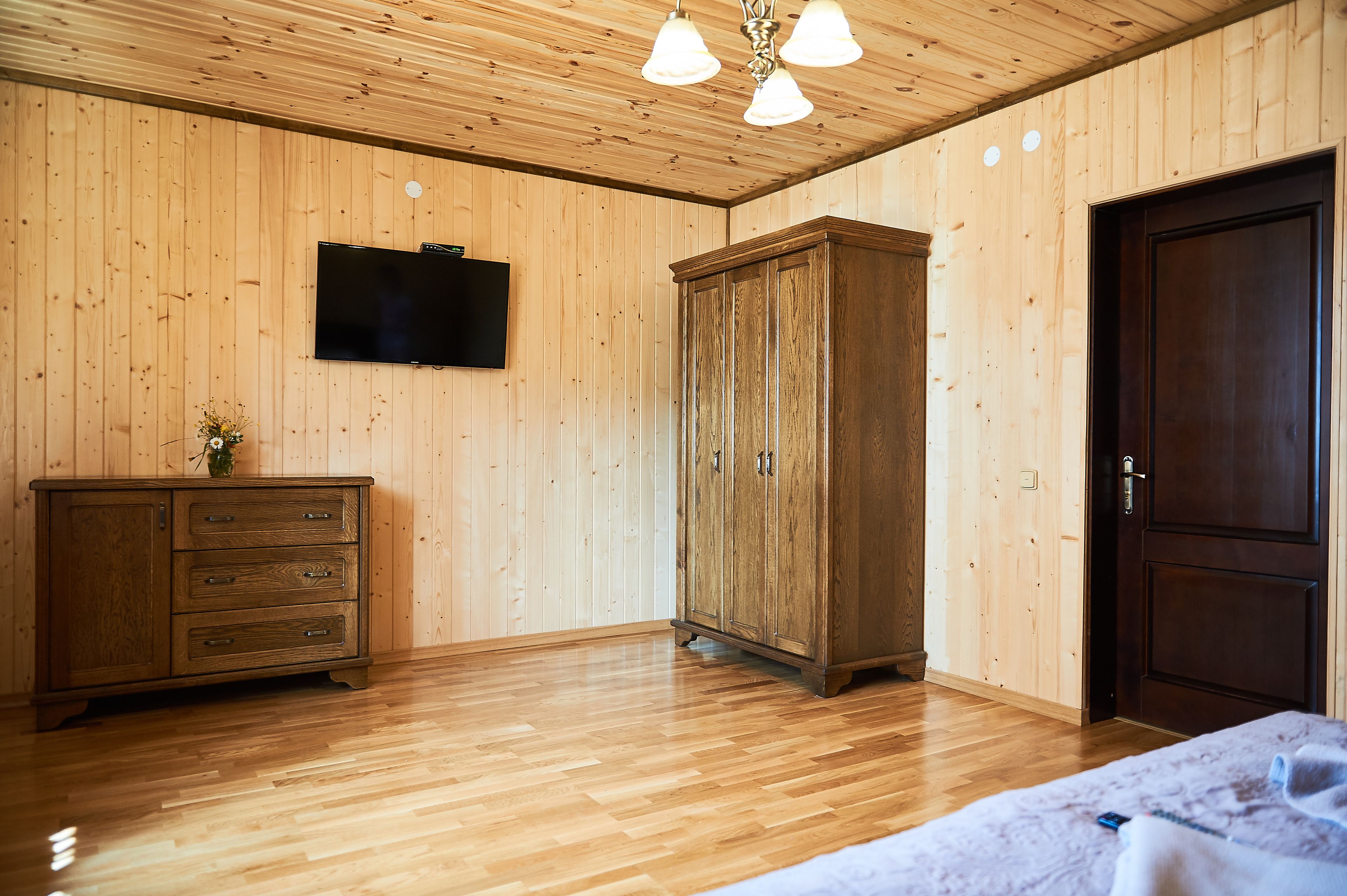 A room with wooden walls and floor, a television mounted on the wall, a wardrobe, and a door.