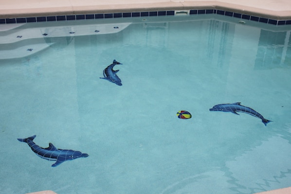 Une piscine ornée de quatre carreaux en forme de dauphin et d’une seule balle.