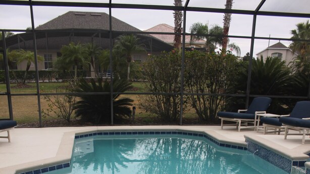 A swimming pool with dolphin-shaped toys and lounge chairs. - Dolphin's Retreat Near Disney (Kissimmee)