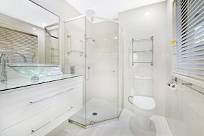 Combined shower/tub, hair dryer, towels, toilet paper