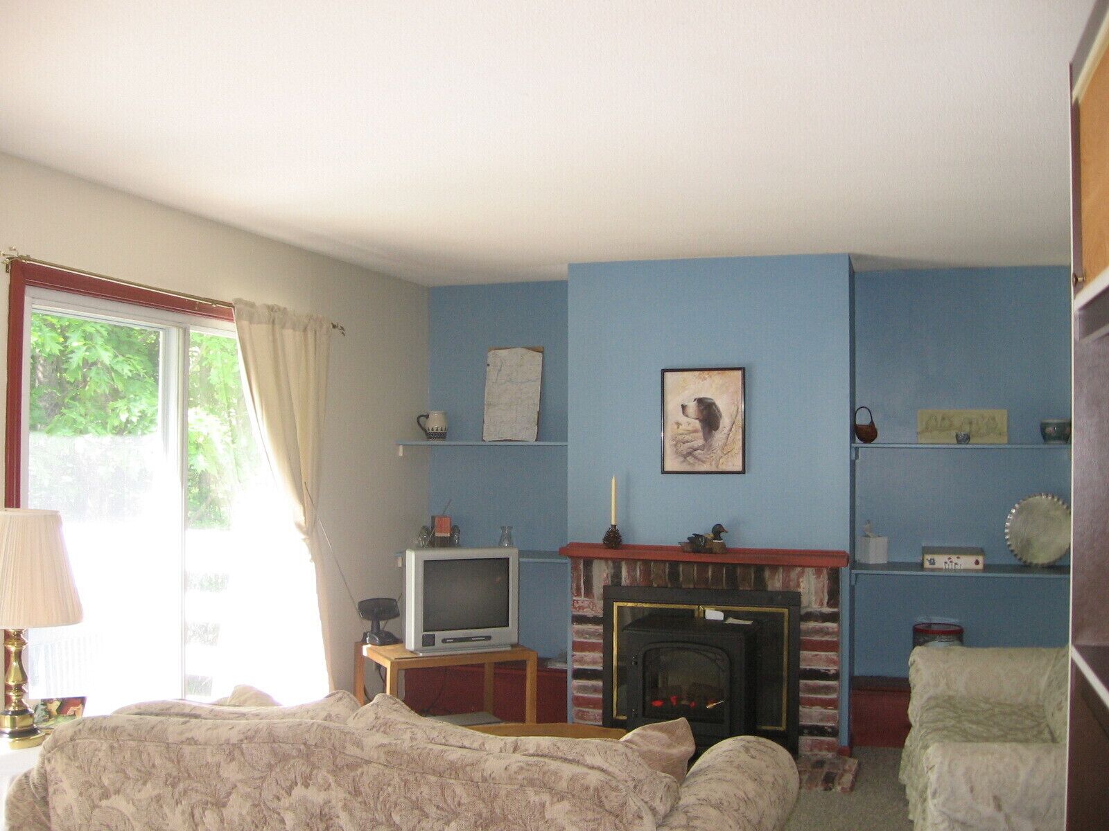 Una habitación con chimenea, televisión y cama.