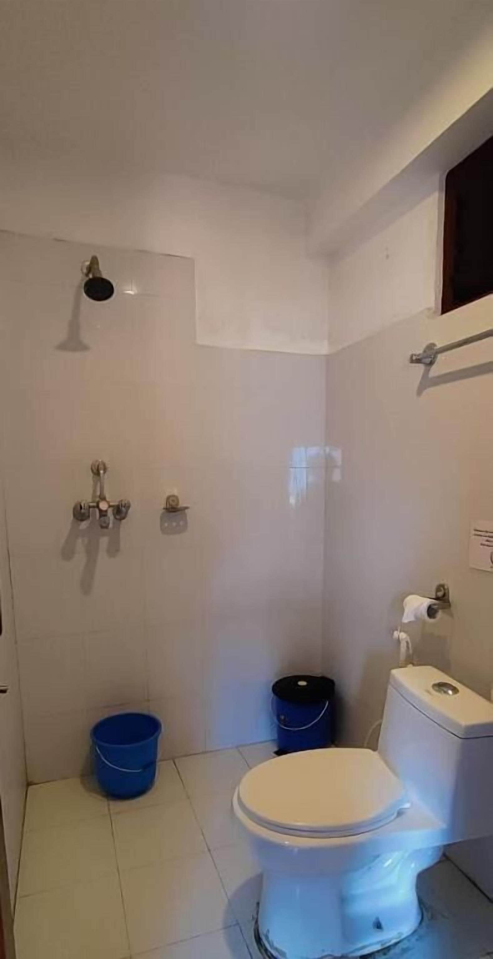 A small bathroom with a toilet, a shower, and two buckets.