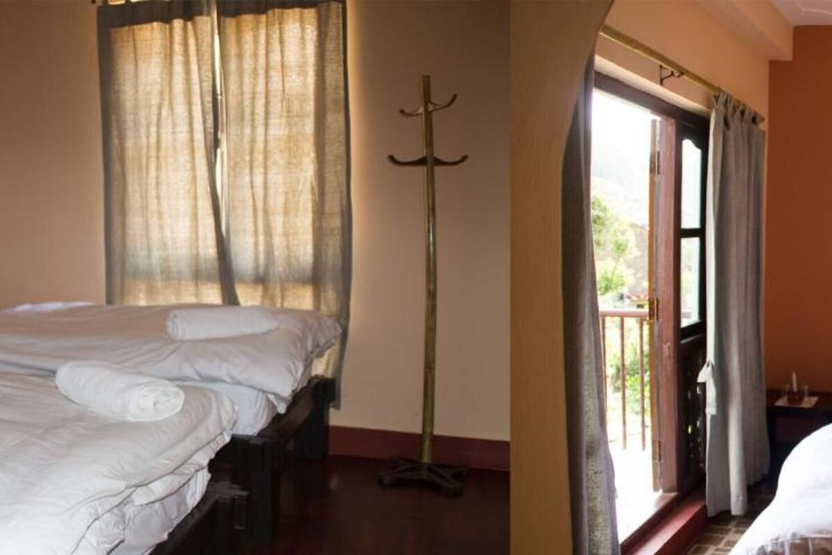 Two single beds with white linens, a floor lamp, and a window with curtains.