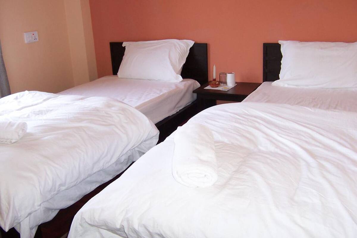 A hotel room with two single beds, a nightstand with a lamp, and a wall socket.