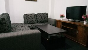 A living room with a sofa, a coffee table, a television on a wooden stand, and a small vase with flowers.