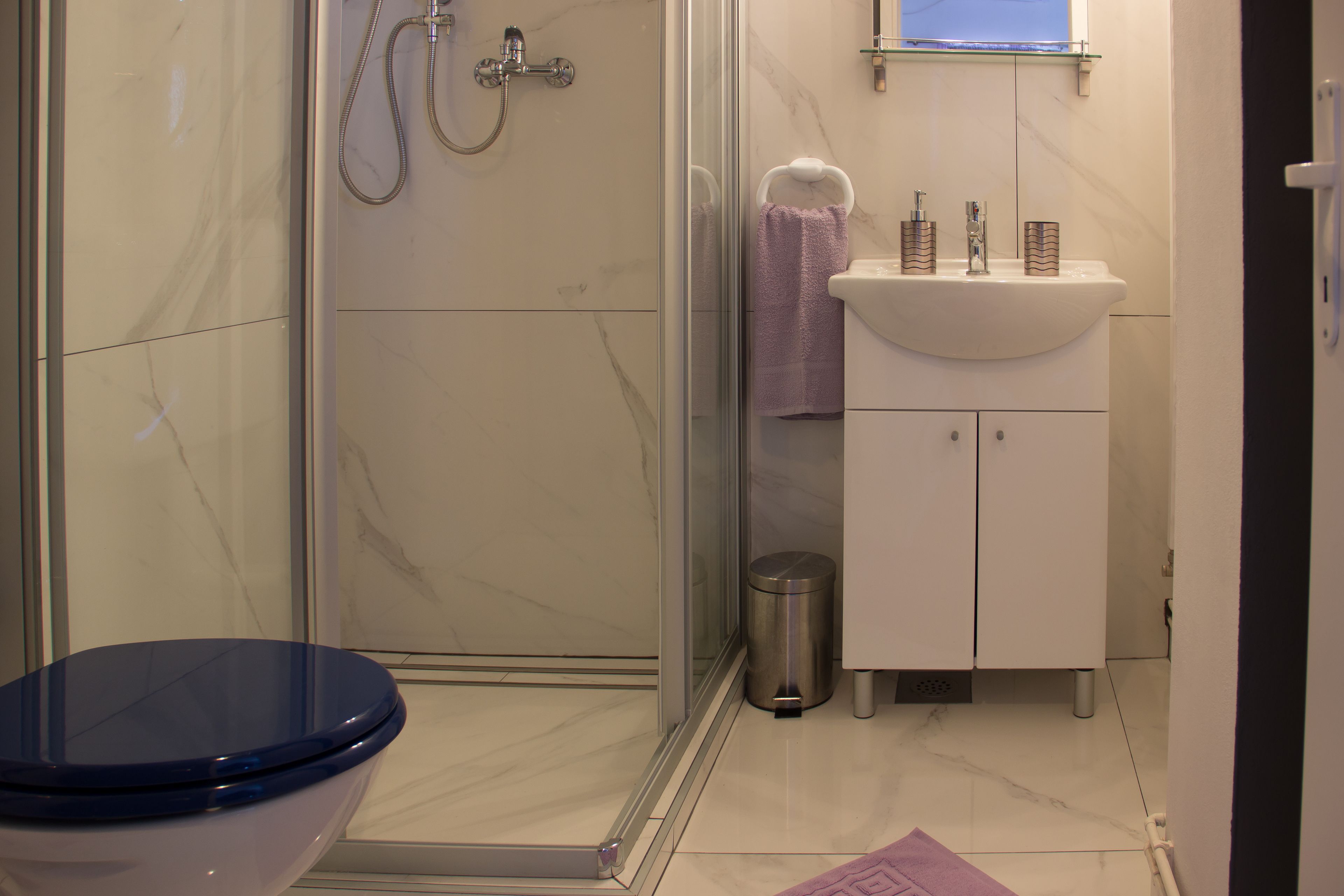 A bathroom with a glass-enclosed shower, a white sink with a mirror above it, and a toilet with a blue lid.