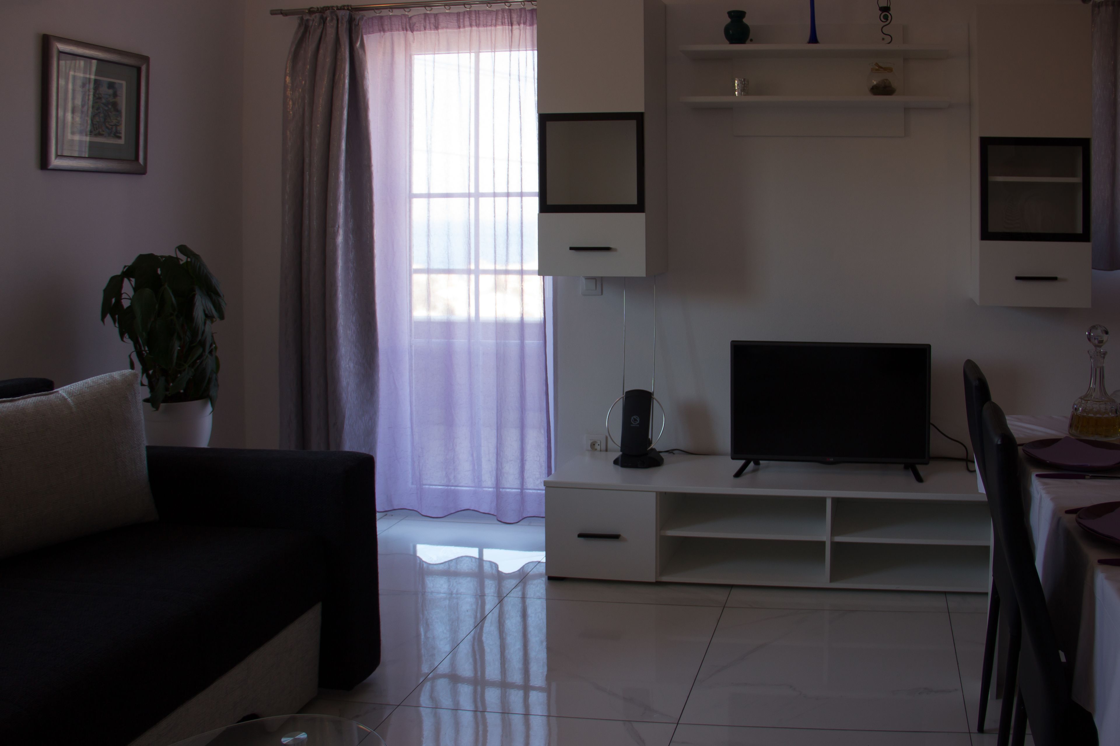 Un salon moderne avec un canapé noir, un téléviseur à écran plat posé sur un meuble blanc, une table à manger avec des chaises et une plante en pot.