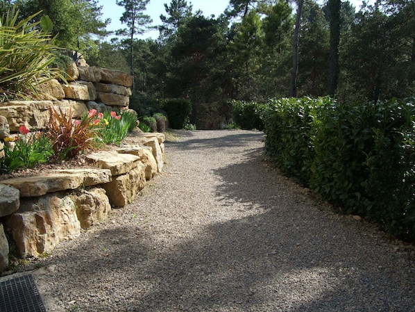 Un chemin de gravier bordé de murs de pierre et d’une végétation luxuriante, qui mène à une zone boisée.