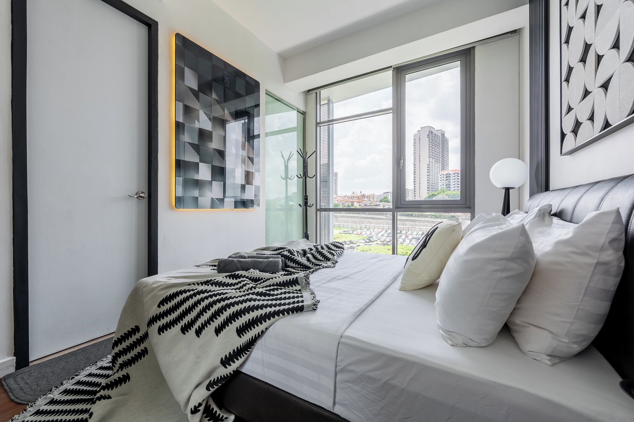 Laptop workspace, blackout curtains, soundproofing, iron/ironing board
