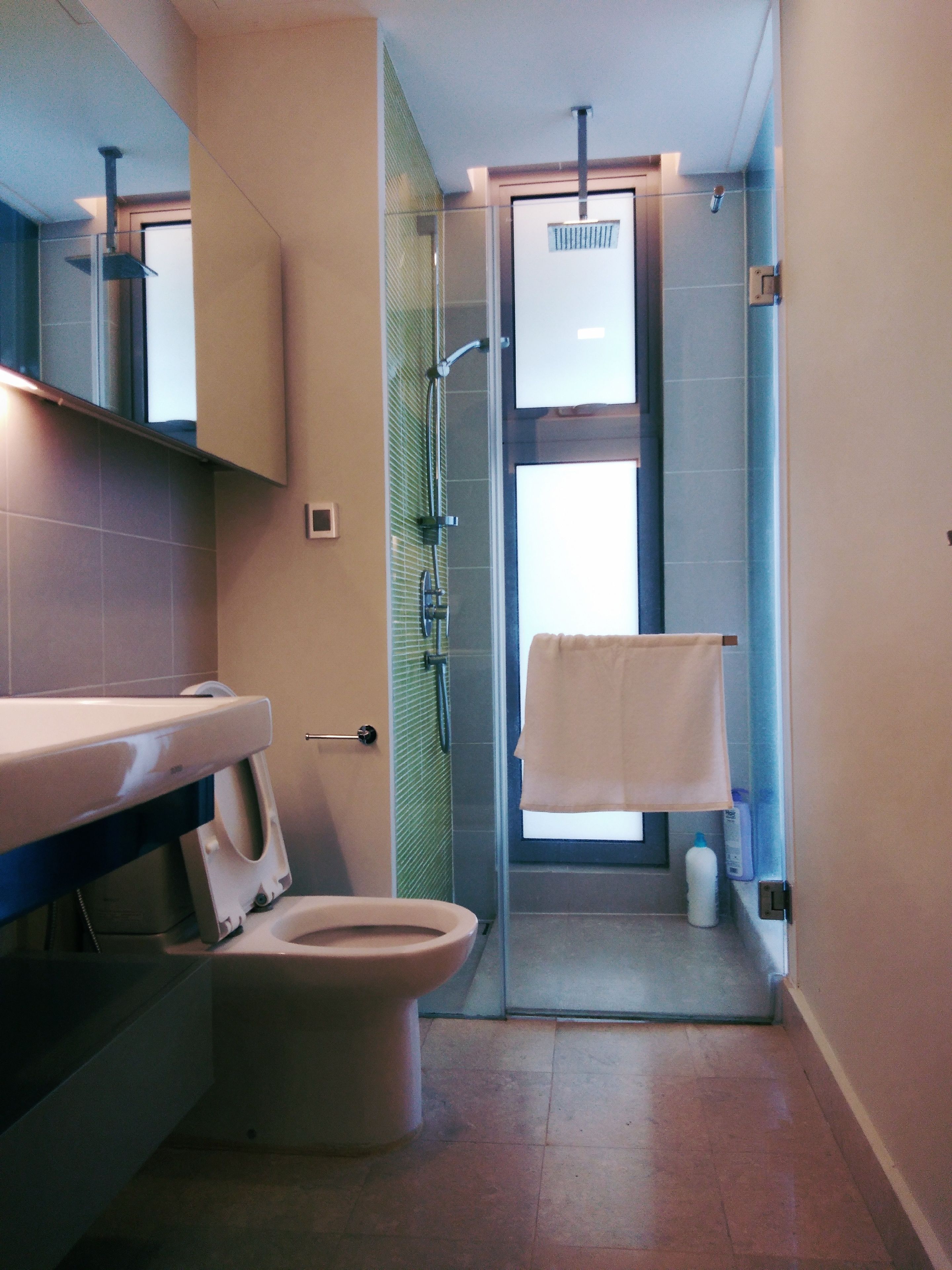 A bathroom with a toilet, a shower, and a sink.