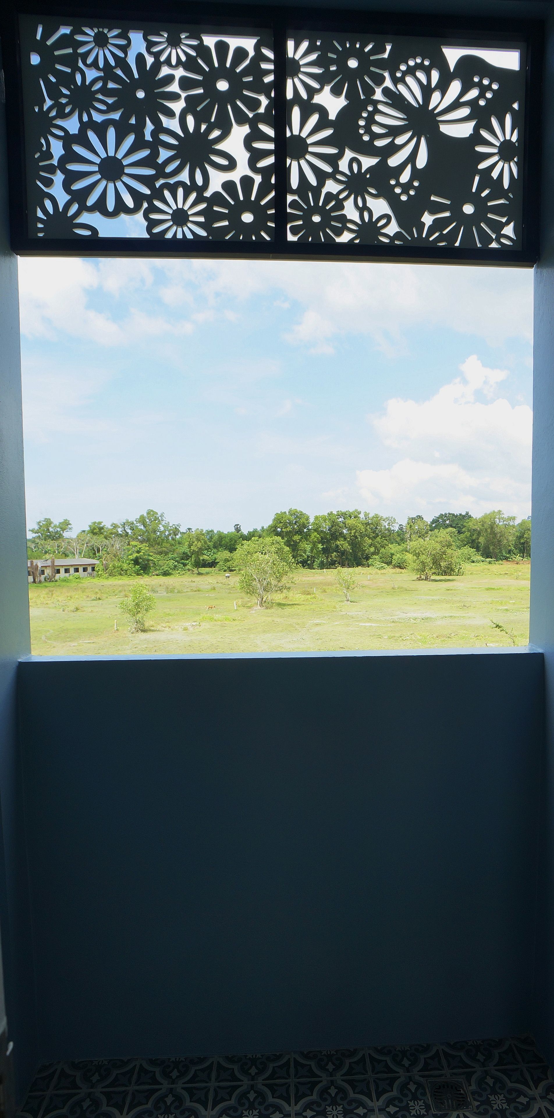 A window with a decorative metal screen and a view of a grassy field with trees and a building in the distance.
