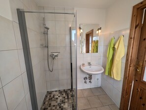 Een badkamer met een douche, wastafel en een houten deur.