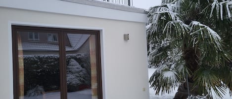 A modern building with a large glass door, a balcony with metal railings, and a snow-covered palm tree.