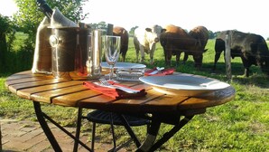 Una mesa de madera al aire libre con una botella, vasos y platos.