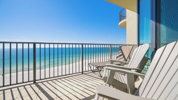 A balcony with a view of the beach and ocean. - 9th Floor BEACH FRONT 3 Bedroom! Phoenix West LAZY RIVER (Orange Beach)