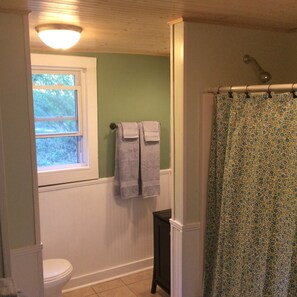 Combined shower/tub, towels, soap
