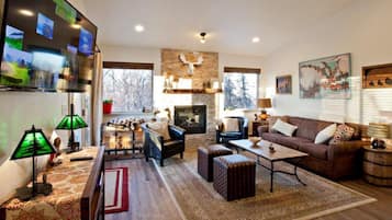 Smart-tv, eldstad, dvd-spelare och böcker