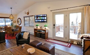 Smart TV, chimenea, reproductor de DVD y libros 