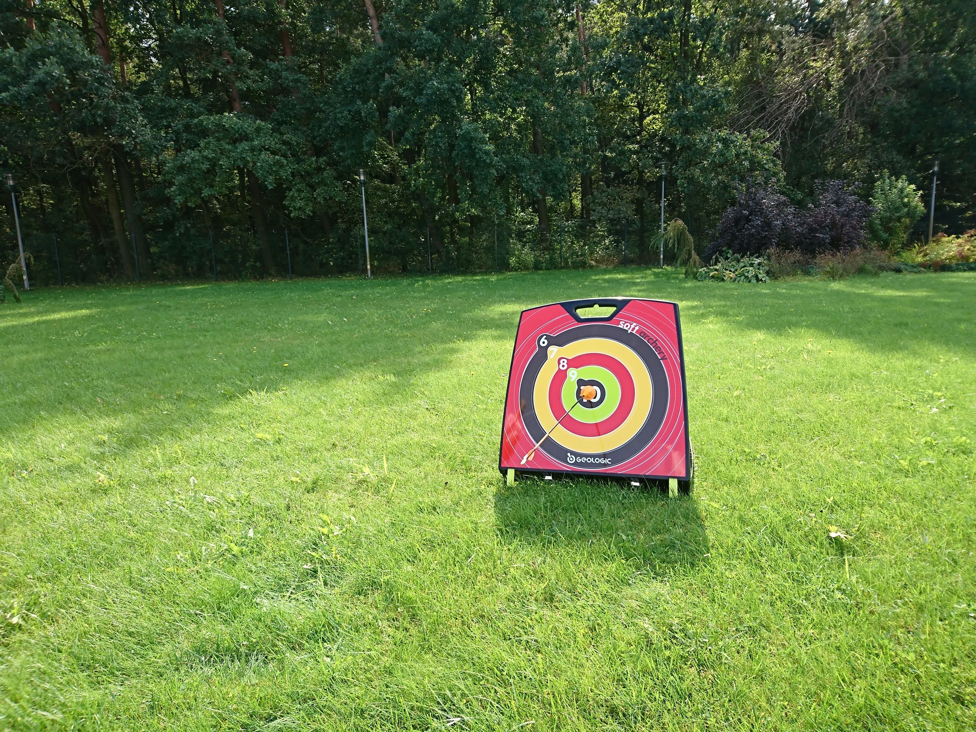 A target on a grassy field with trees in the background.