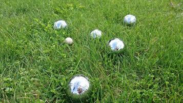 A grassy area with several shiny, reflective spheres scattered across the ground.