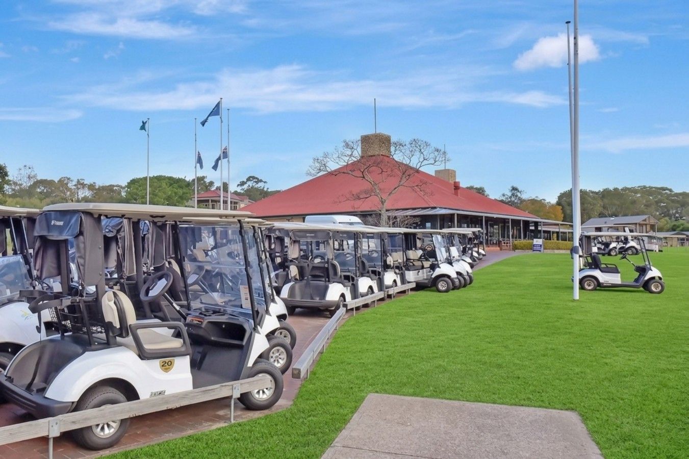 Una fila de carros de golf estacionados sobre un césped verde con un edificio al fondo.