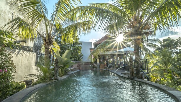 A pool surrounded by palm trees and a building with a red roof.