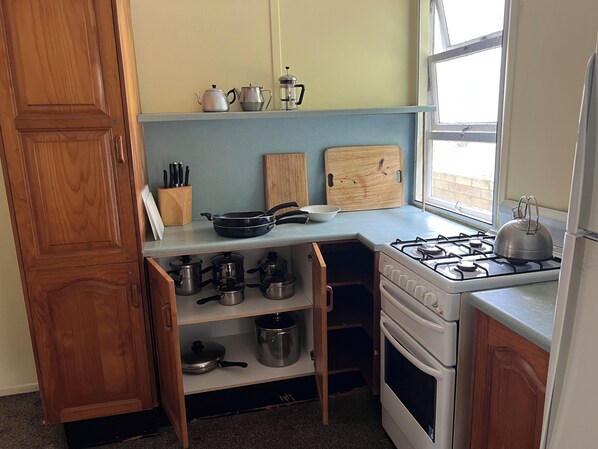Fridge, oven, stovetop, cookware/dishes/utensils