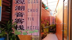 Un couloir d’hôtel avec des panneaux en bois et des plantes en pot.