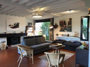 TV, fireplace, books, stereo
