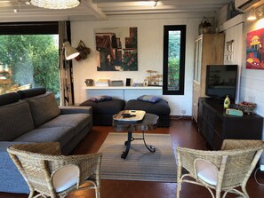 TV, fireplace, books, stereo